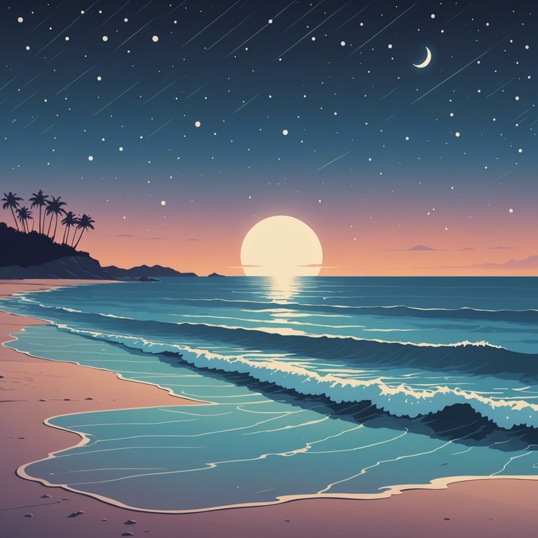 Imagine a serene track where slow, rhythmic beats mimic the gentle ebb and flow of ocean waves under a clear night sky. The music is meant to envelop the listener in a peaceful aura, with subtle electronic elements creating a soothing soundscape perfect for relaxation or light contemplation.