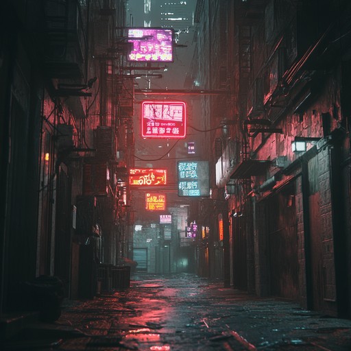 Dive into a futuristic, dystopian alley drenched in neon lights and shadows. A brooding, atmospheric soundscape unfolds with deep, synthetic basslines and ethereal pads, creating a vivid auditory journey through a cyberpunk cityscape. Echoing percussion and distorted melodies heighten the sense of desolation and tension.