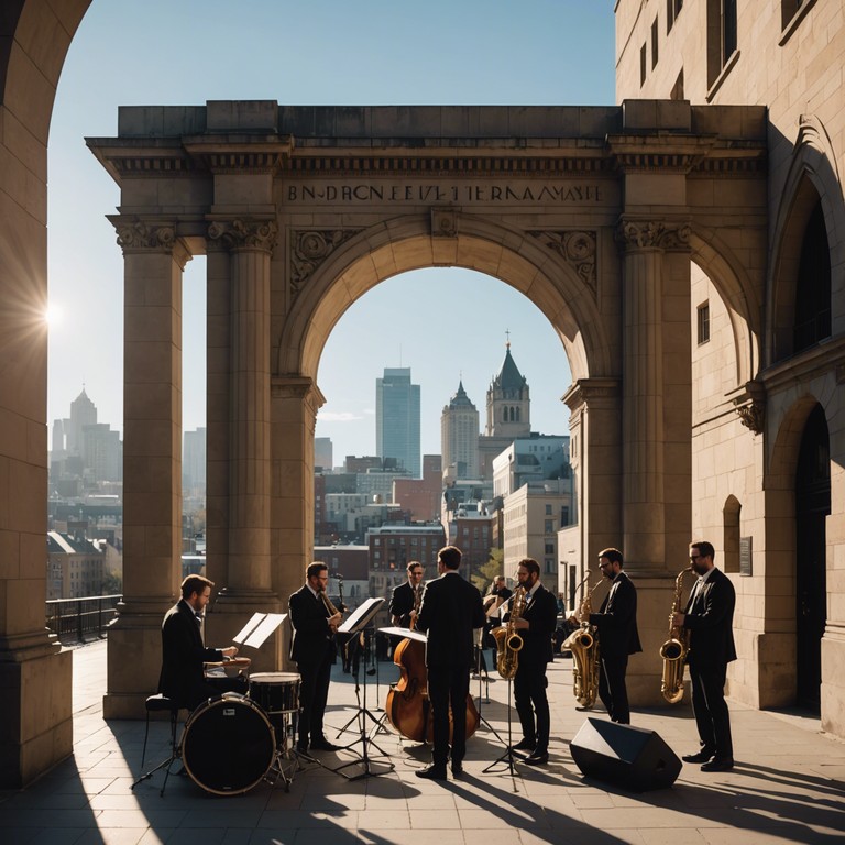 Imagine stepping out onto a bustling street where a jazz trio fills the air with vibrant, playful music. The saxophone leads with exuberant melodies, supported by a subtle rhythm section, engaging the audience in a delightful musical experience reminiscent of classic ragtime, adapted for a contemporary urban setting.