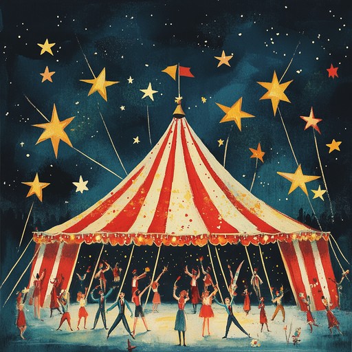 A high energy orchestration featuring lively strings, bold brass, and playful woodwinds, creating an exhilarating atmosphere reminiscent of a magical circus at midnight. Ideal for theatrical performances needing an uplifting and whimsical vibe.