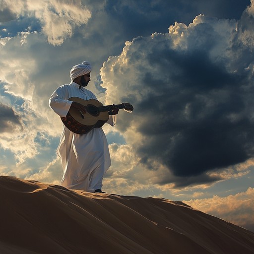 An energetic instrumental piece blending middle eastern motifs with modern rhythms, portraying a gripping chase across vast sand dunes under the scorching sun.