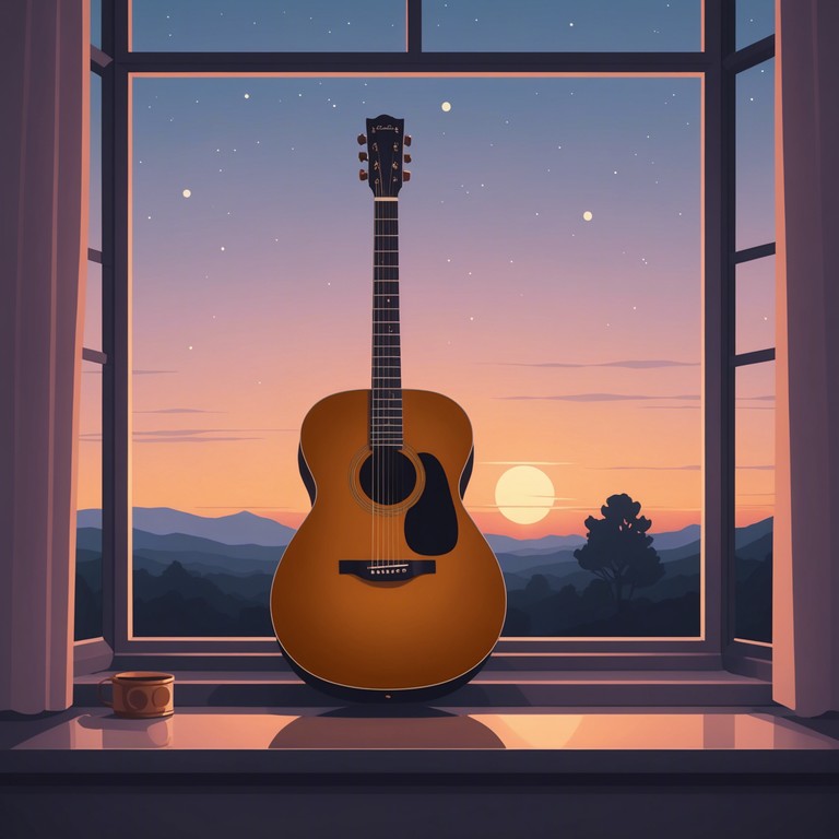 A gentle composition evoking the quiet intimacy of a dimly lit bedroom as twilight descends. The subtle acoustic guitar strings blend seamlessly with the peaceful ambiance of a serene evening at home. The music is a soft whisper, a delicate articulation of comfort and calmness, perfect for winding down or introspective moments.