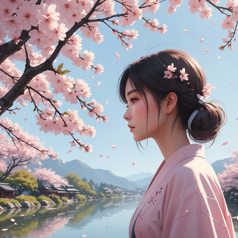 The alternative description focuses more on the spring setting typical in many anime, under cherry blossoms where characters often reminisce or experience key life events. This track should feel like a delicate and emotional embrace of the past, providing a direct connection to those poignant anime moments.