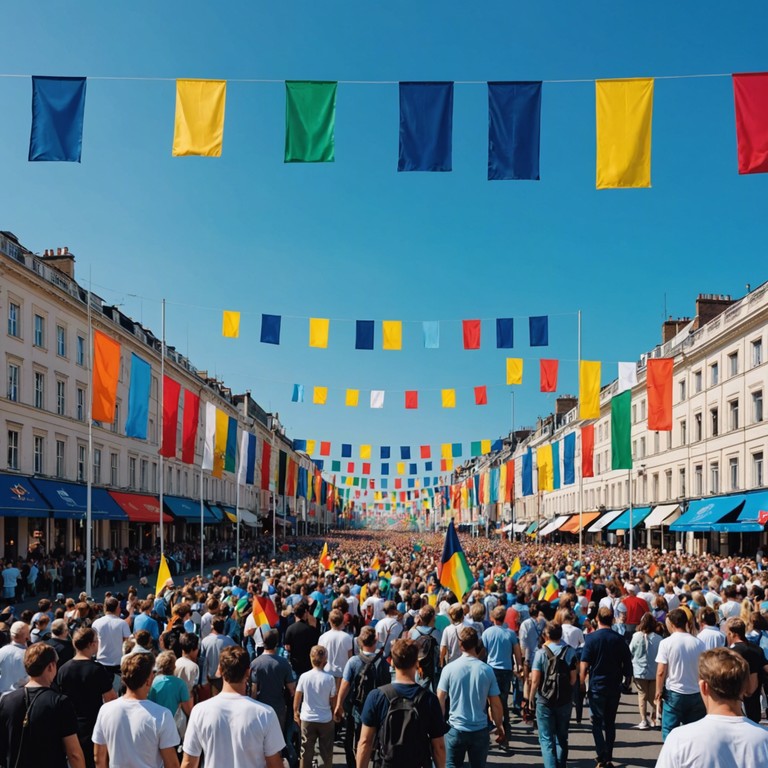 An orchestral composition evoking the triumphant return of heroes, blending regal brass with sweeping strings to create a grandiose yet heartfelt atmosphere. Cinematic in scope, this piece captures the essence of a celebratory parade through a historic city, with crowds cheering as flags wave in the breeze.