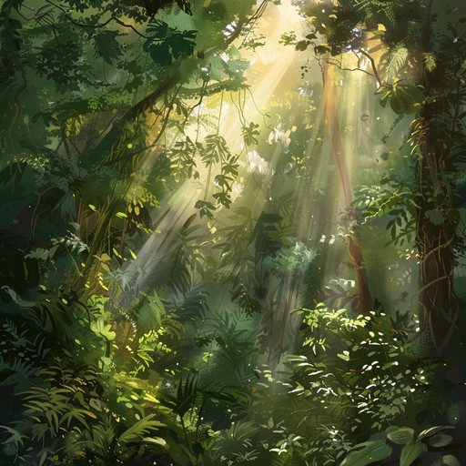 Imagine a tranquil forest at dawn, with golden sunlight filtering through the trees, casting dappled shadows on the forest floor. Gentle melodies blend seamlessly with the sounds of nature, creating a serene and peaceful atmosphere that invites listeners to relax and connect with the natural world.