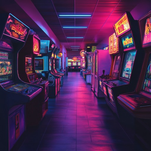 Vibrant synth melodies paired with nostalgic beats create a playful and energetic synthwave track reminiscent of 80s arcade games. Perfect for capturing the joy and excitement of a neon lit video game haven.