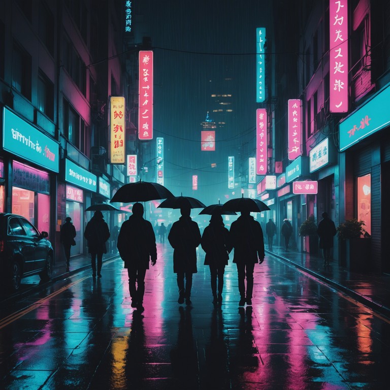 Imagine a late night walk through a rain soaked cyberpunk cityscape, where the glowing neon signs create a surreal, serene environment. The sound captures the mood of both tranquillity and the underlying energy of an advanced urban setting