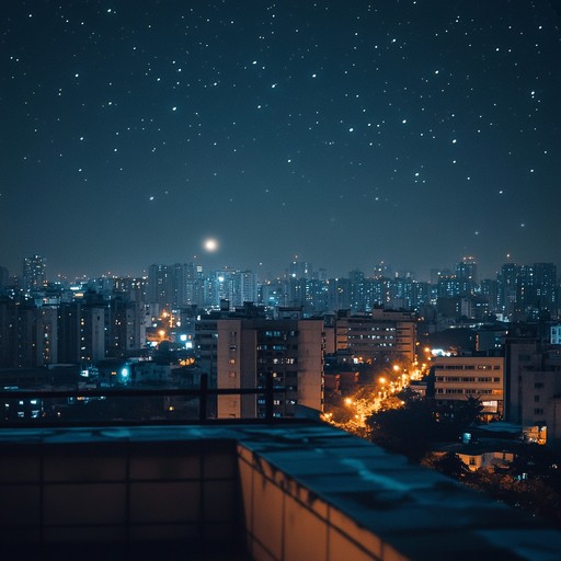 A narrative driven smooth jazz track that transports the listener to a serene, almost surreal scene of a city under the moonlight, witnessed from a quiet rooftop overlooking flickering lights and the occasional lonely passerby.