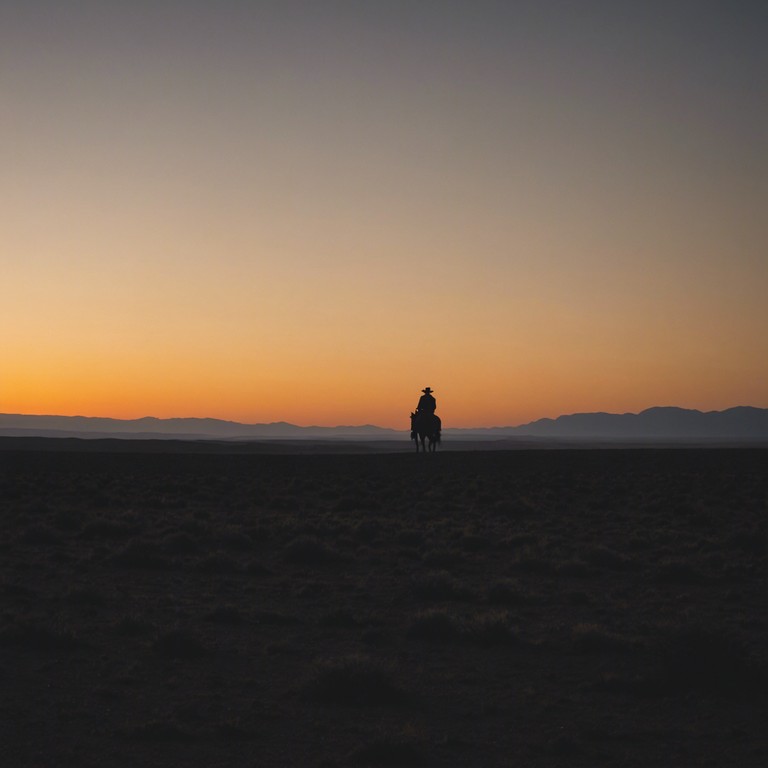 The track paints a stark, atmospheric soundscape of a lone cowboy's journey across vast, empty plains as the sunset casts long shadows. The music is minimal but deeply emotive, encapsulating the essence of isolation and the contemplative peace of the wilderness.