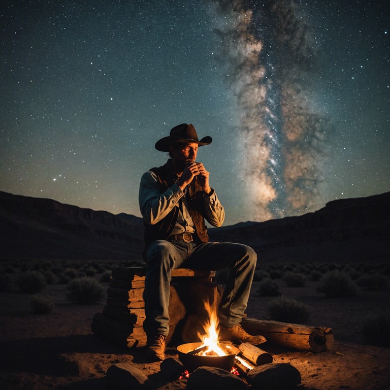 Imagine sitting by a campfire as a harmonica plays softly, with cowboys around you sharing tales and reflecting on life's journeys under a blanket of stars.