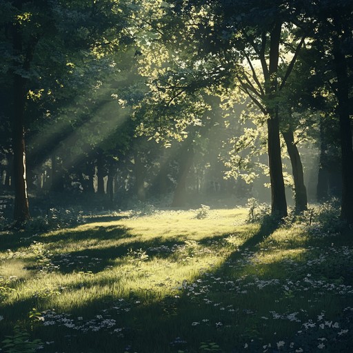 A serene orchestral piece that captures the gentle beauty of an enchanted forest at dawn. Delicate string arrangements, soothing woodwinds, and soft brass harmonies blend seamlessly to depict the first light's tender embrace. The music unfolds gracefully, creating a sense of wonder, peace, and natural splendor. Ideal for meditative moments or nature inspired visuals.