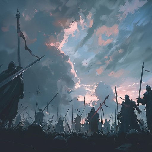 A dramatic orchestral overture combining powerful brass, rapid strings, and booming percussion to portray the intensity and heroism of combat. The composition showcases valor and strategy through intricate harmonics and staccato rhythms, ideal for depicting grand battles in a historical setting.