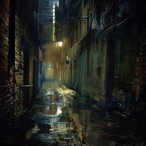 A suspenseful and ominous instrumental piece that evokes the feeling of walking alone through a dangerous, dark alley late at night, constantly looking over your shoulder, heart pounding, ready to face any potential threat that may emerge from the shadows.