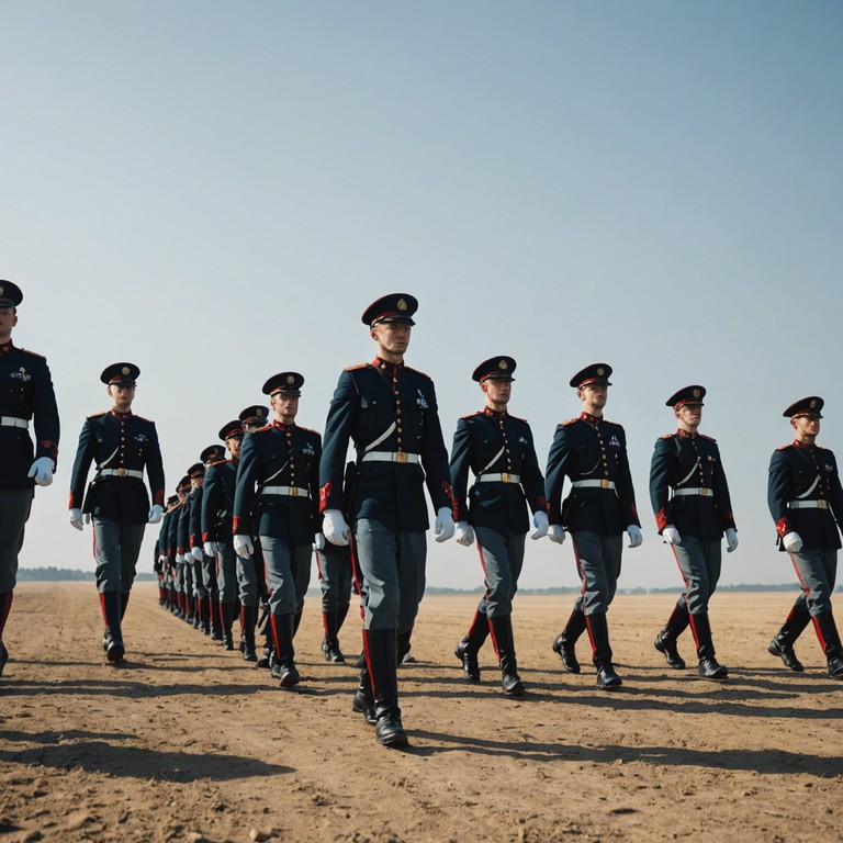 This composition captures the essence of valor and courage in a military setting, where the rhythmic beat of the drums energizes the spirit and conveys a sense of indomitable resolve and duty. The track mirrors the structured, disciplined atmosphere of a military parade, blending energetic rhythms with a solemn commitment to duty.