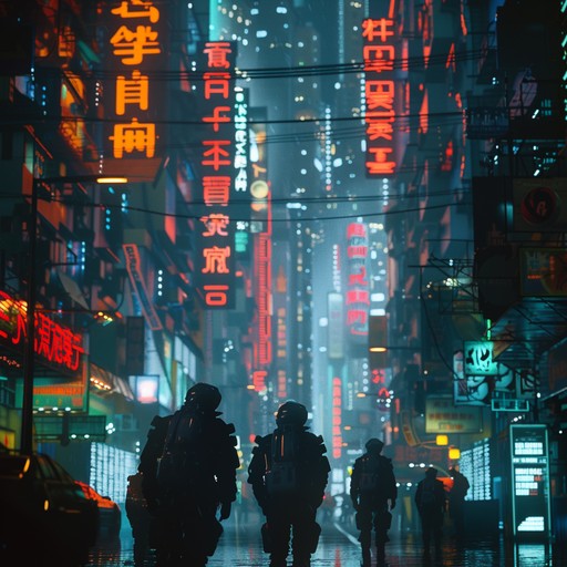 Experience a rain drenched neon city with pulsating dark synth rhythms, evoking dramatic and intense cyberpunk atmospheres. The powerful and ominous soundscapes transport you into a dystopian world filled with tension and mystery.