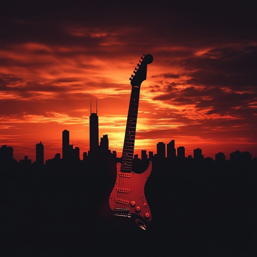 An energetic instrumental blues rock track featuring exhilarating electric guitar solos set against a driving rhythm section. This piece captures the essence of the blues with its emotive bends and slides, combined with the raw power of rock. Picture a bustling city skyline at sunset, where the music reverberates from rooftops, filling the air with electric emotion and gritty urban vibes.