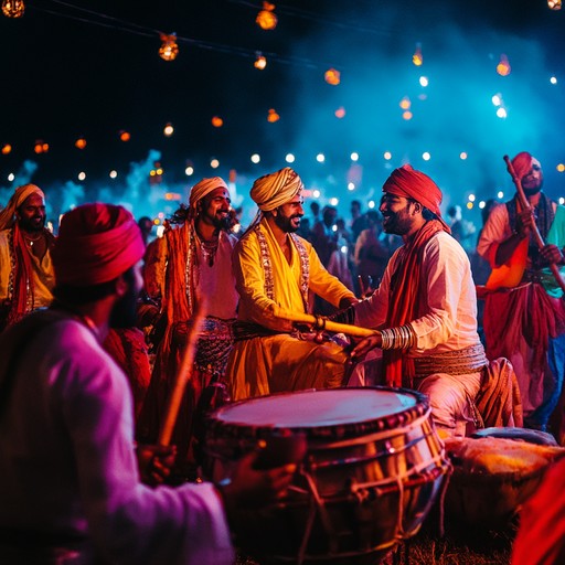 Imagine you are transported to a vibrant and energetic night market in the heart of a desert where the relentless dhol beats capture the joy and festivity of traditional gatherings. The alternative take heightens the auditory experience by focusing more on the individual experiences and reactions of the attendees as they engage with the music.