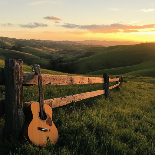 An instrumental country track featuring gentle acoustic guitars and soft harmonica melodies that capture the serene feeling of watching the sun set over rolling hills. The music flows smoothly with a laid back rhythm, transporting the listener to a tranquil countryside setting, perfect for unwinding and relaxation.