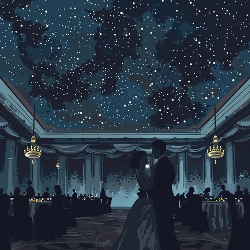 Envision a midnight sky full of stars hanging over an exquisite ballroom. The scene is set for a romantic and graceful waltz, where couples dance in perfect harmony. The lead violin leads the lush string quartet, creating an ambiance of refined beauty and timeless elegance.