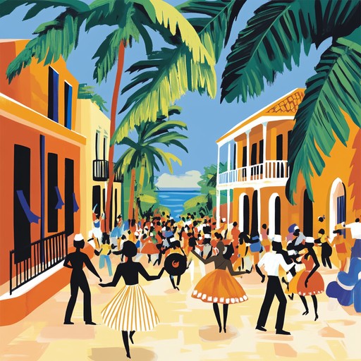 Imagine a lively caribbean village during a festive summer day, where the music captures the essence of warmth, sunshine, and rhythmic beauty through infectious beats and vibrant dance.