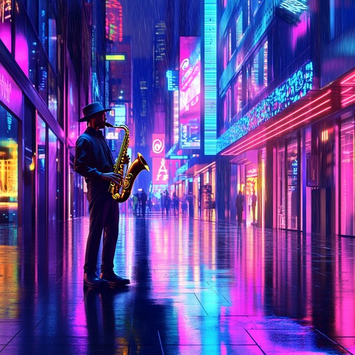 A thrilling instrumental merging groovy cyberpunk rhythms with soulful noir saxophone, evoking a mysterious night in a neon drenched metropolis.