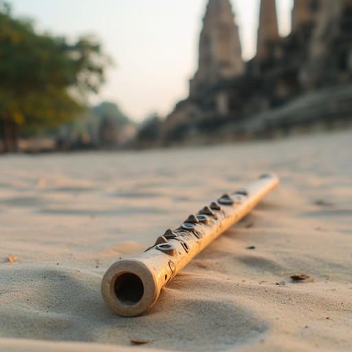 A more focused perspective on the central theme of time bound reverence. The same mystical flute now sounds closer, more intimate, surrounded by the subtle rustle of sand and wind against stone, conveying a sense of inescapable presence and deeper connection with antiquity.