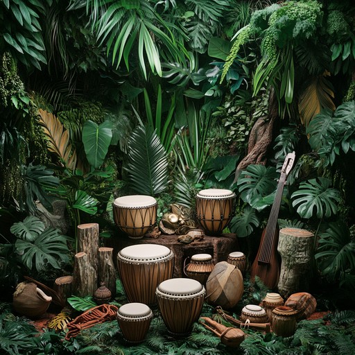 Immerse in the serene symphony of nature with lush, exotic percussion guiding a tranquil melody through ancient, green canopies, capturing the soul of untouched rainforest.