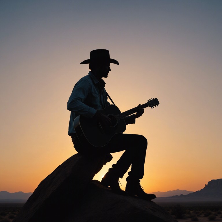 A lone cowboy, his silhouette against the setting sun, ponders life's meandering paths, strumming softly on his guitar. The gentle plucking echoes across the wide, open desert, blending with the whispering winds that carry tales of old. The music is a peaceful reflection of solitude and the profound silence of nature.