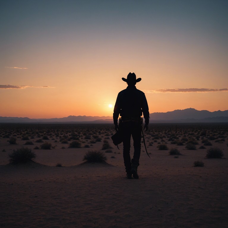 Imagine the vast open desert under a dimming twilight sky, the sound of the lone ranger's slow horse trots blending with the eerie whistle of the wind, creating an intense, brooding atmosphere that captures the essence of solitude and suspense in the wild west.