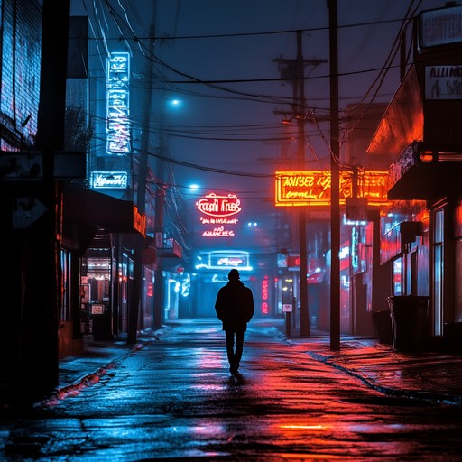 An instrumental new wave track featuring dreamy synthesizers and atmospheric guitars, capturing the introspective feeling of wandering alone through neon lit city streets at night