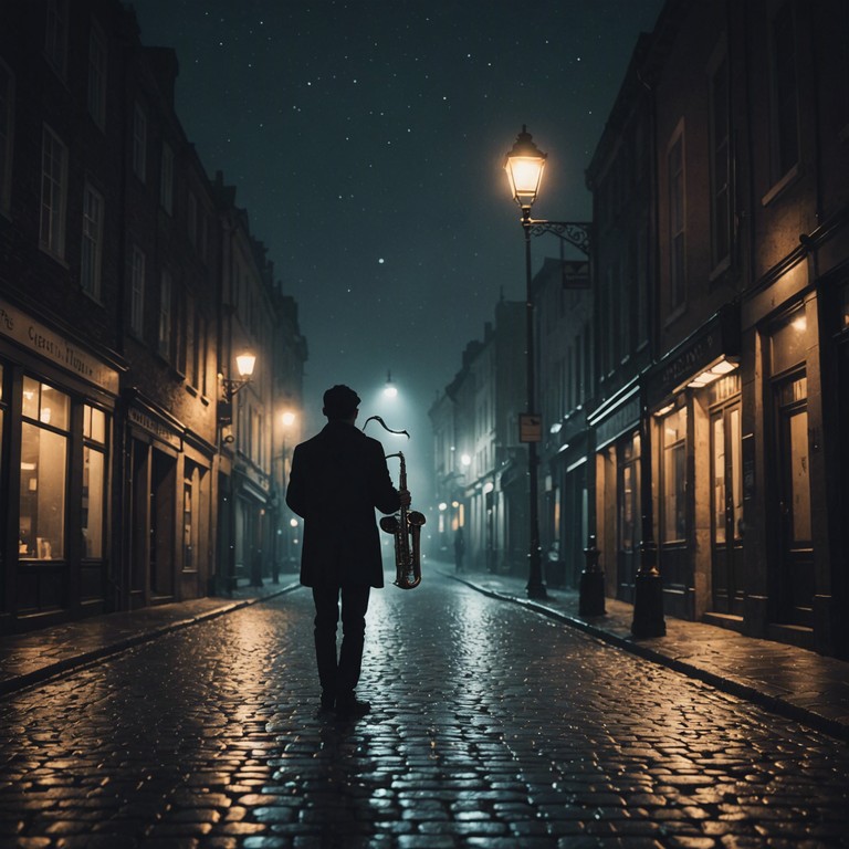 Imagine a quiet city at midnight, where only a solemn trumpet breaks the silence, playing a slow, melancholic ballad that echoes off the empty, wet streets, reflecting the glowing lights of street lamps and creating an atmosphere thick with reflection and solitude.