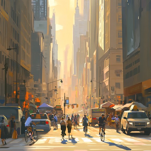 A vibrant jazz piece featuring lively rhythms, energetic brass sections, and smooth saxophone solos. Perfect for capturing the bustling atmosphere of a sunlit city street, evoking a sense of life and movement. Infectious grooves and intricate melodies set the scene for a vibrant urban landscape