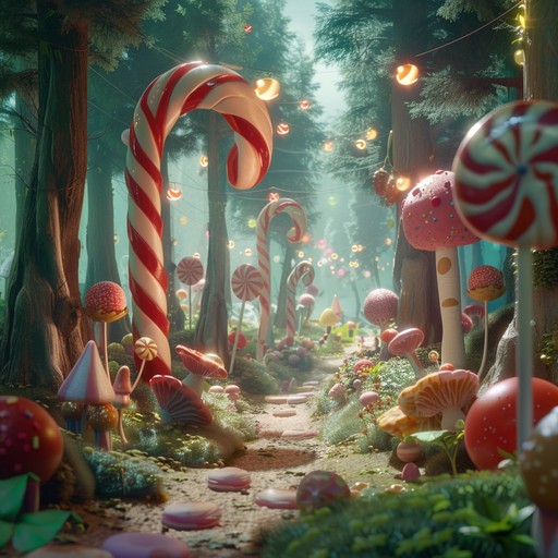 An energetic and playful musical composition filled with whimsical melodies and vibrant rhythms, designed to evoke the sensation of adventuring through a magical, candy filled forest.