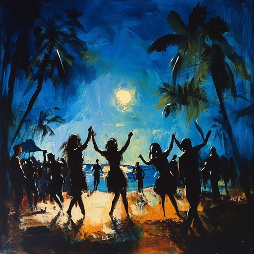 Enthralling mambo rhythms and spirited percussion energize a beach party under the moonlit sky. An upbeat trumpet leads the charge, creating a vibrant, joyous atmosphere perfect for dance and celebration.