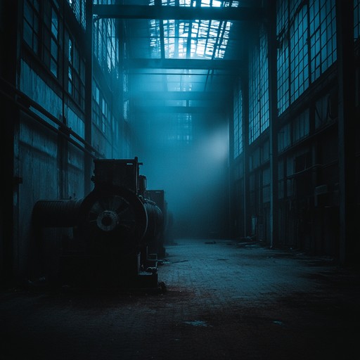 Distorted guitar riffs resonate through a haunted warehouse, blending grunge with unsettling echoes. The atmosphere is thick with tension, creating an eerie and creepy vibe perfect for a spooky setting.