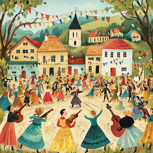 An instrumental klezmer song with spirited violin, lively clarinet, and accenting accordion, designed to evoke the vibrant energy of a traditional eastern european dance celebration. The melody is full of playful and intricate sequences, inviting listeners to imagine a bustling marketplace or a joyous wedding. The layered instrumentation creates depth, while the rhythm section keeps the tempo lively and danceable.