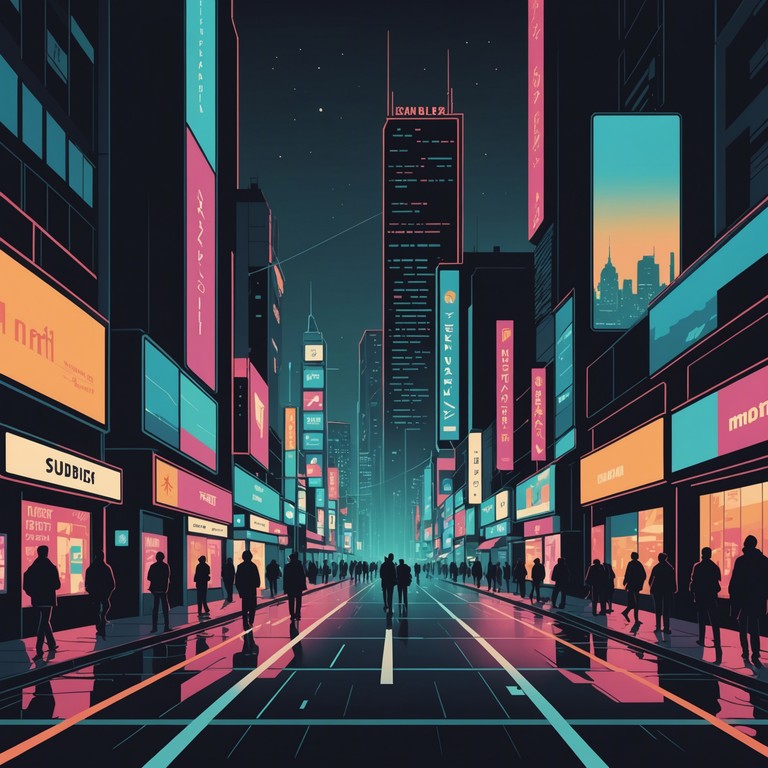 This track paints a sonic picture of a contemplative evening under the neon lights of a bustling cyberpunk city. The music layers deep, resonant synths with subtle high tech sounds, creating a soundscape that feels both disillusioned and insightful. It invites listeners into a reflective stroll through a future metropolis, where every corner whispers secrets.