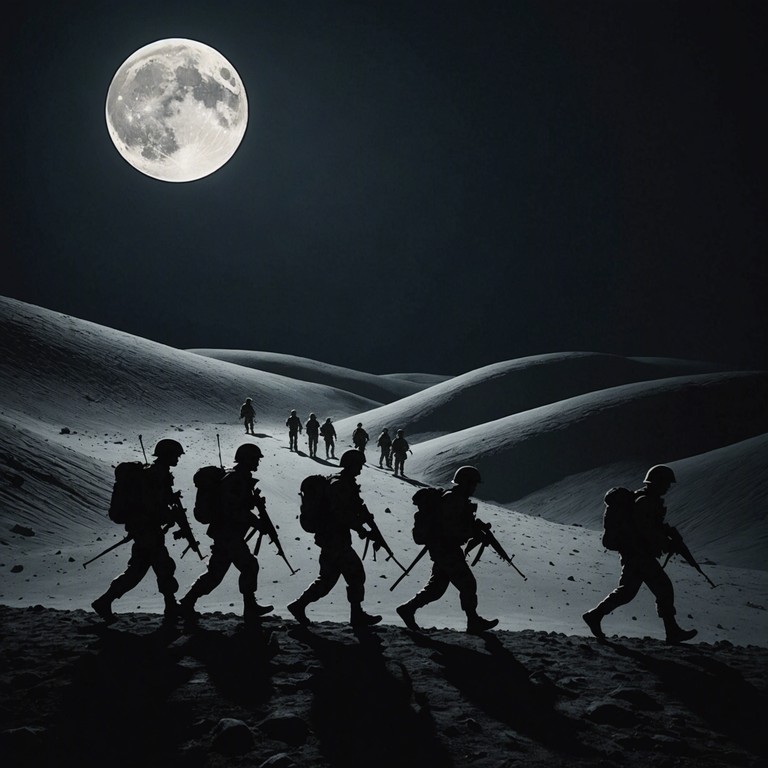 The track embodies the grim resolve of a nocturnal military operation, infusing suspenseful rhythms with strategic silences to depict the tension of a stealth mission. The composition echoes with the heavy footsteps of soldiers contrasted against the quiet of a tense night, building up a powerful auditory picture of suspense and imminent action.