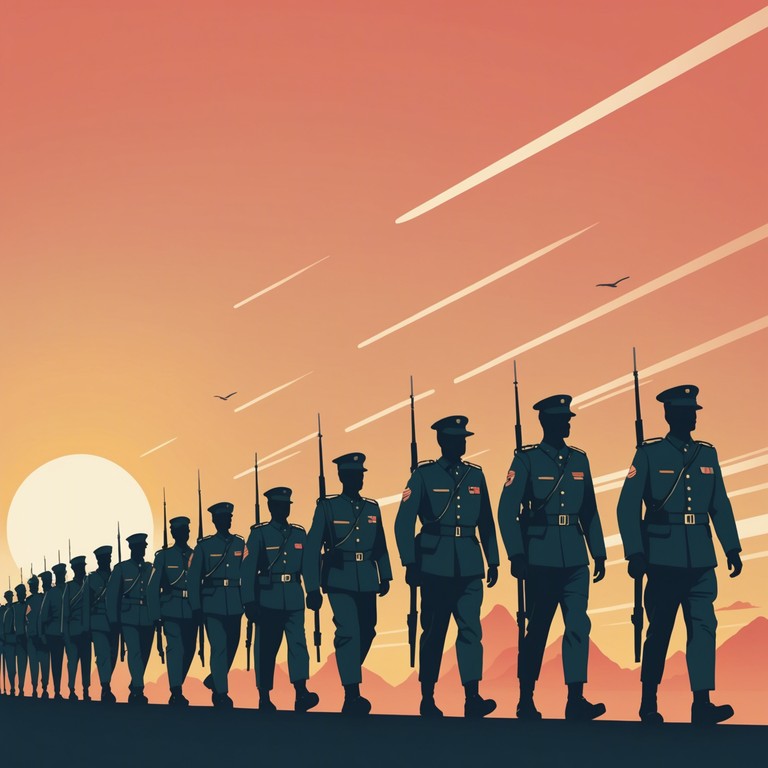 This instrumental track blends the disciplined rhythms of a military march with uplifting and optimistic tones, providing a feeling of courage and cohesiveness. It uses bold brass instruments to lead the melody, set against the backdrop of a marching snare drum that keeps a steady, motivational pace. The piece evokes feelings of triumph and pride, ideal for moments of patriotism or community celebration.