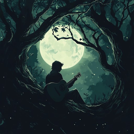 A solitary wanderer in a dark forest, surrounded by the eerie sounds of nature and their own thoughts, finds solace in the haunting melodies of an old guitar reverberating through the trees.