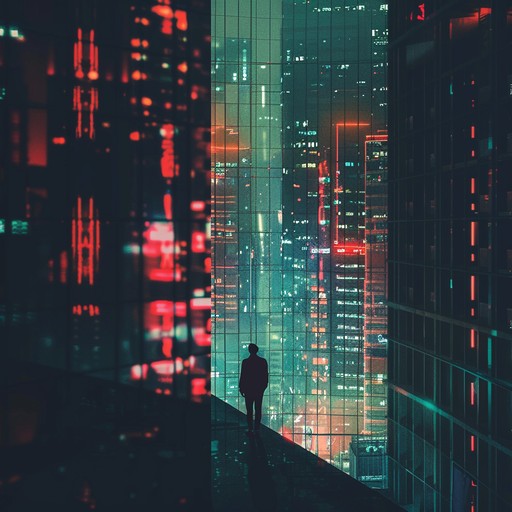 A haunting instrumental dripping with atmospheric synths, echoing the solitude of a futuristic cityscape. This piece blends pulsating electronic rhythms with melancholic melodies, capturing the essence of a lone wanderer traversing neon lit streets in search of meaning. The soundscape is vast yet intimate, filled with washes of electronic sound and subtle, intricate layers that evoke a sense of isolation and longing.