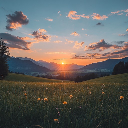 A tranquil instrumental featuring gentle guitar plucks and warm harmonies, painting a serene picture of a peaceful summer evening in bavarian landscapes. The melodies flow softly, taking you on a relaxing journey through lush meadows and rolling hills under a calming sunset.