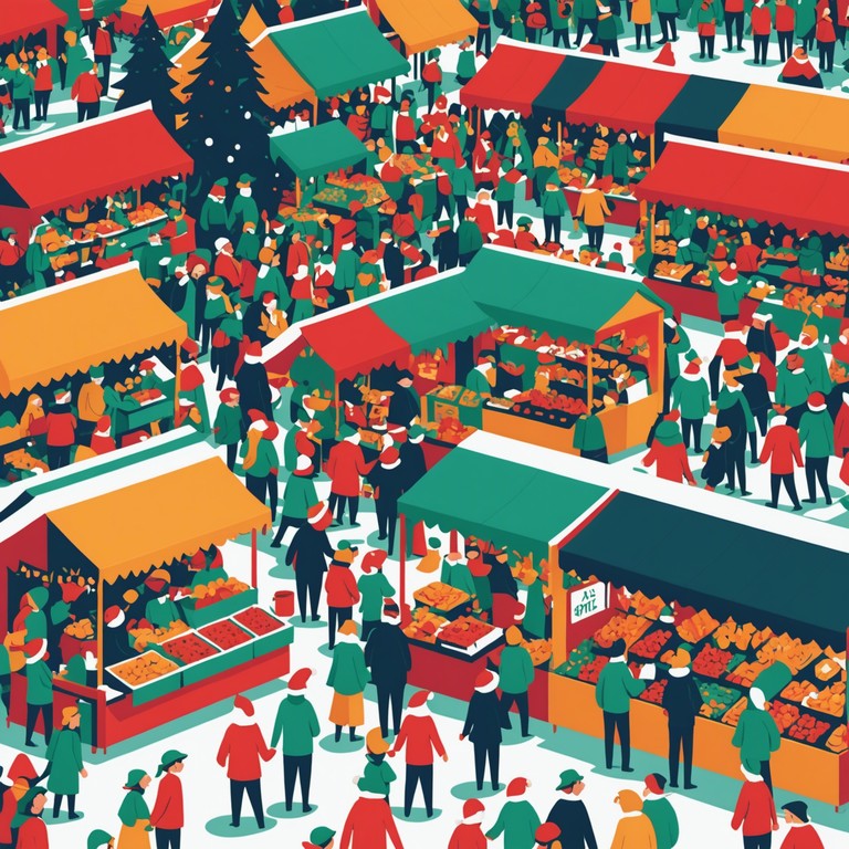 Imagine a bustling holiday market with mischievous elves creating playful chaos, all encapsulated in a lively melody set to the jaunty rhythms of a xylophone, echoing the light hearted pandemonium of the festive season.