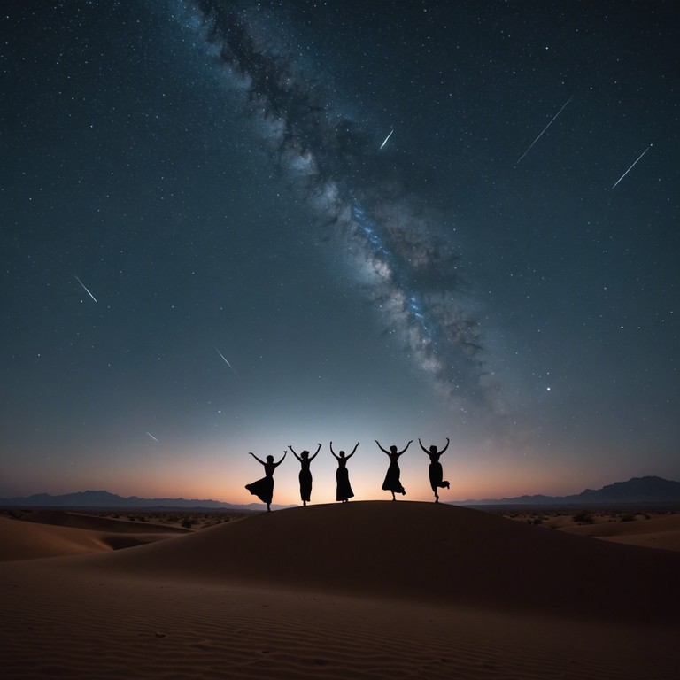 Embark on an auditory journey through the sahara with this fusion of traditional musical styles and contemporary beats, portrayed through the resonant strings of the oud and the backdrop of a festive night.