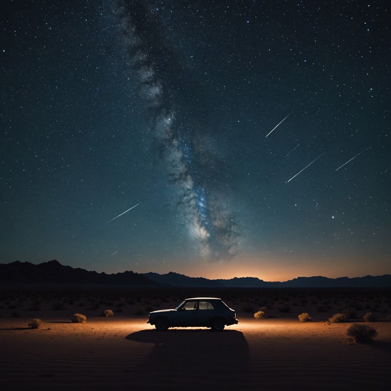 Imagine cruising through an endless desert under a starlit sky, with soulful, eerie phonk beats setting a hypnotic pace. The music captures the essence of nocturnal adventure mixed with a vintage vibe of 90s memphis rap. Distinctive crunchy beats, a soft echoing of synths, and an occasional distant call that seems to mimic the desert wind, all coalesce into a soundtrack of an otherworldly night drive.