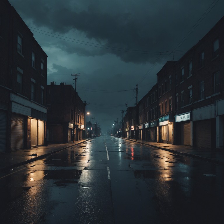 An evocative musical piece featuring deep, haunting synth tones overlaid with the stark beats of trap, perfect for evoking the sense of a late night chase through rain slicked alleyways of a dimly lit city.