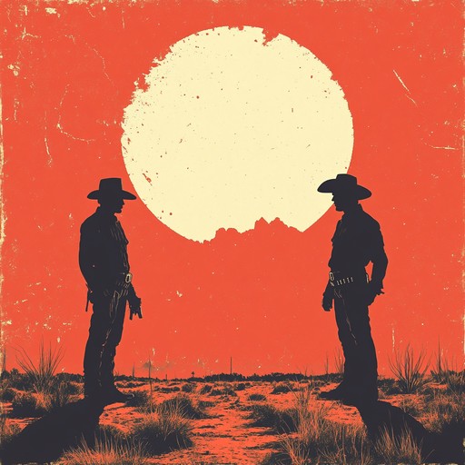 A slow building, tension packed composition capturing the essence of a classic western standoff, utilizing dynamic shifts and sparse instrumentation to heighten the dramatic atmosphere. The music hovers around an edgy motive, conjuring visual imagery of lone cowboys with their fingers twitching above holstered guns, eyes narrowed under brimmed hats as the sun crests the horizon.