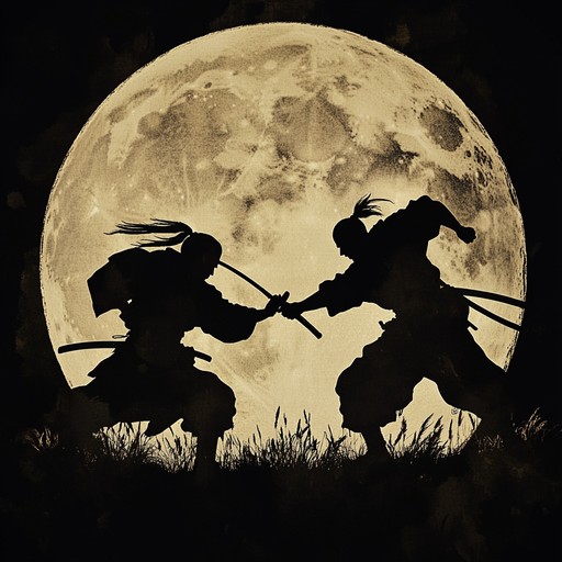 Imagine an orchestra intensely playing as silhouettes clash under a moonlit sky, their motions swift and almost dance like, adding layers of suspense and impending resolution set by a powerful and pulsating backdrop.