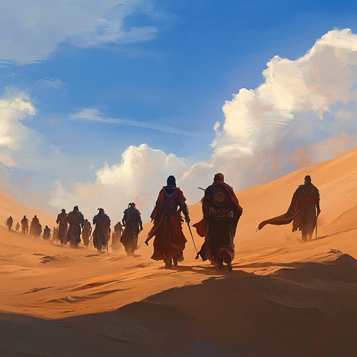 This composition blends traditional middle eastern instruments with a military march cadence, evoking the spirit of desert warriors preparing for battle. The use of hand drums and oud alongside snare drums creates a unique fusion that is both exotic and martial. The track builds with layers of rhythmic intensity, driving forward with a sense of determined purpose. The atmosphere is gritty and raw, reflecting the harsh and unforgiving desert environment.