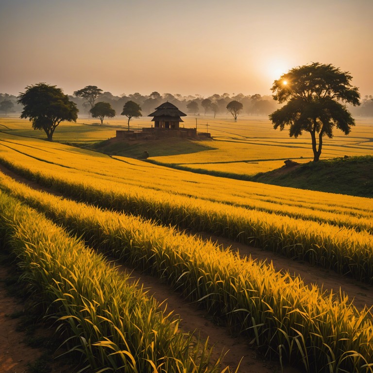 Craft a soothing track centered around the gentle sound of the sitar, evoking the tranquility of a summer evening in rural india. The piece should blend traditional melodies with subtle atmospheric nuances to create a sense of peace and timelessness